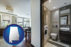 alabama map icon and a modern bathroom and kitchen