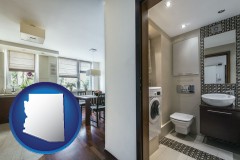 arizona map icon and a modern bathroom and kitchen