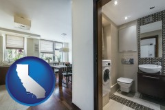 california map icon and a modern bathroom and kitchen