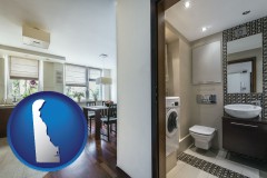 delaware map icon and a modern bathroom and kitchen