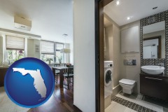 florida map icon and a modern bathroom and kitchen