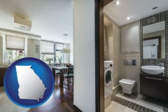 georgia map icon and a modern bathroom and kitchen