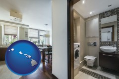 hawaii map icon and a modern bathroom and kitchen