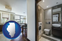illinois map icon and a modern bathroom and kitchen