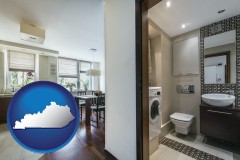 kentucky map icon and a modern bathroom and kitchen
