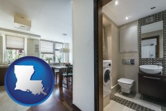 louisiana map icon and a modern bathroom and kitchen