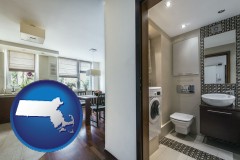 massachusetts map icon and a modern bathroom and kitchen