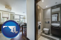 maryland map icon and a modern bathroom and kitchen