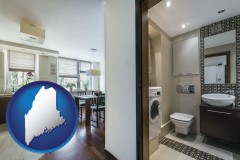 maine map icon and a modern bathroom and kitchen