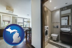 michigan map icon and a modern bathroom and kitchen