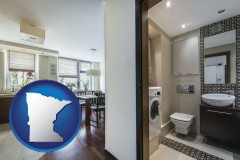 minnesota map icon and a modern bathroom and kitchen