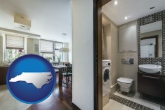north-carolina map icon and a modern bathroom and kitchen