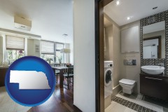 nebraska map icon and a modern bathroom and kitchen