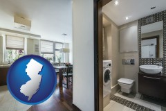 new-jersey map icon and a modern bathroom and kitchen