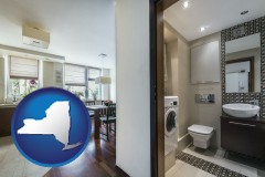 new-york map icon and a modern bathroom and kitchen