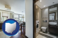 ohio map icon and a modern bathroom and kitchen