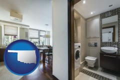 oklahoma map icon and a modern bathroom and kitchen