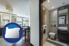 oregon map icon and a modern bathroom and kitchen