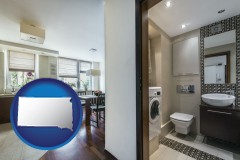 south-dakota map icon and a modern bathroom and kitchen