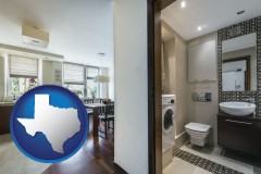 texas map icon and a modern bathroom and kitchen