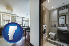 vermont map icon and a modern bathroom and kitchen