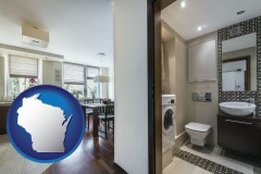 wisconsin map icon and a modern bathroom and kitchen