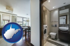 west-virginia map icon and a modern bathroom and kitchen