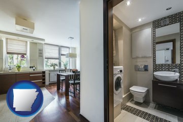 a modern bathroom and kitchen - with Arkansas icon