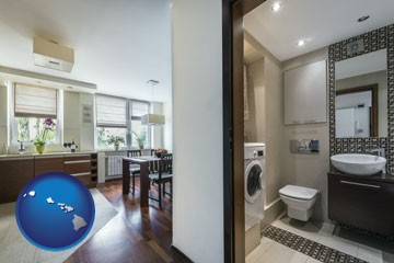 a modern bathroom and kitchen - with Hawaii icon
