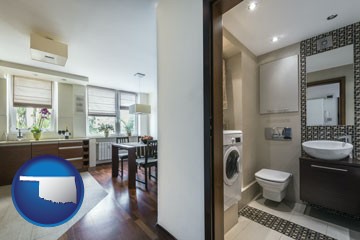 a modern bathroom and kitchen - with Oklahoma icon