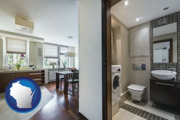 a modern bathroom and kitchen - with Wisconsin icon