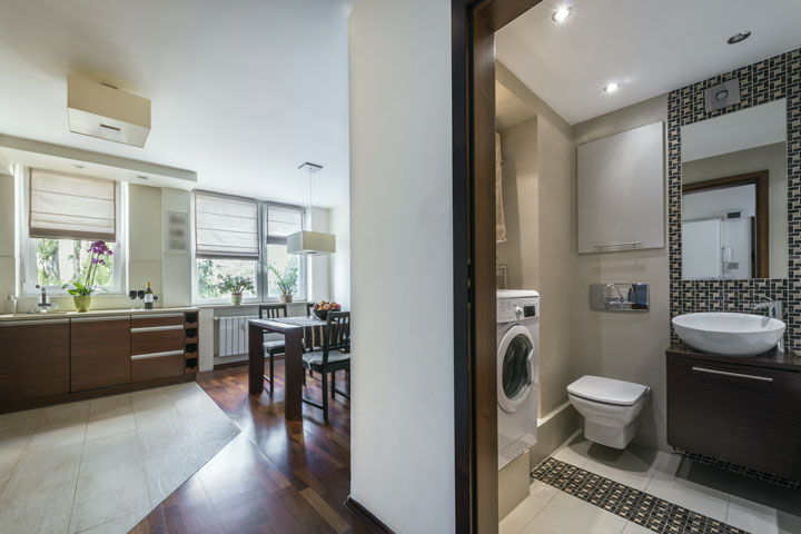 a modern bathroom and kitchen